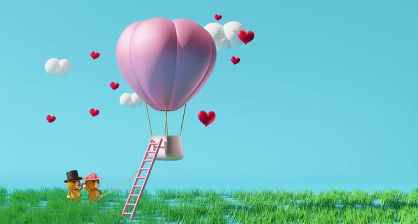 Balão Quente Ursinho Pelúcia Com Forma Coração Escada Grama Para — Fotografia de Stock