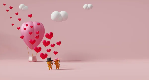 Heißluftballon Und Teddybär Mit Herzförmigem Hintergrund Zum Valentinstag Rosa Pastellkomposition — Stockfoto