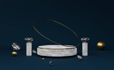 Modern sahne görüntüsü ve minimalist modelleme için mavi kompozisyonda elmas ve geometrik şekillere sahip mermer podyum, soyut gösteri arka planı, 3d resimleme veya 3d canlandırma