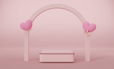 Podyum içi boş kalp şeklinde balon pembe pastel kompozisyon sevgililer günü konsepti, soyut vitrin arkaplan, 3D çizim veya 3D çizim