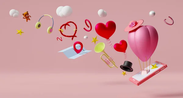 Heißluftballon Und Handy Mit Rotem Herz Form Eines Abstrakten Hintergrundes — Stockfoto