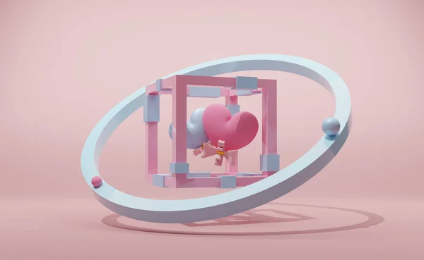 Två Hjärtformade Ballong Box Med Geometriska Former Rosa Pastell Sammansättning — Stockfoto