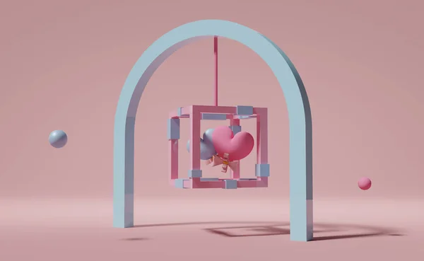 Dwa Balony Kształcie Serca Pudełku Geometrycznymi Kształtami Różowej Kompozycji Pastelowej — Zdjęcie stockowe