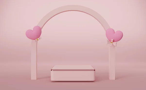 Podium Leeg Met Hartvormige Ballon Roze Pastel Compositie Valentijnsdag Concept — Stockfoto