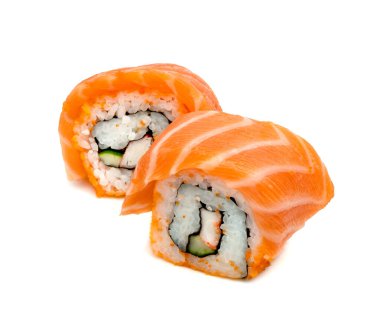 Yuvarlak suşi somon nigiri beyaz arka planda izole edilmiş, Japon yemeği.
