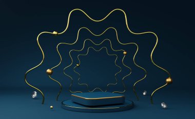 Modern sahne görüntüsü ve minimalist modelleme için geometrik şekiller içeren podyum boş, soyut gösteri arkaplanı, 3d görüntüleme veya 3d canlandırma