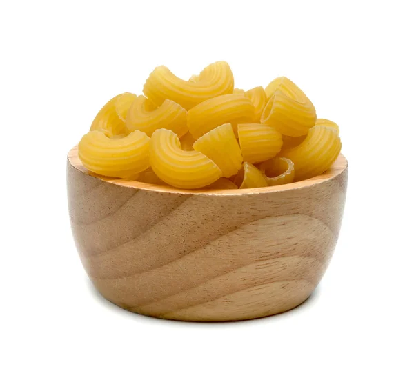 Raw Macaroni Pasta Wooden Bowl Isolated White Background — Stock Photo, Image