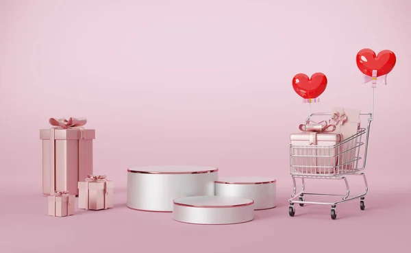 Podium Tom Och Presentförpackning Med Hjärtformad Ballong Och Kundvagn Rosa — Stockfoto