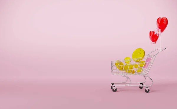 Nákupní Košík Zlatou Mincí Růžovém Pastelovém Složení Valentýnský Koncept Ilustrace — Stock fotografie