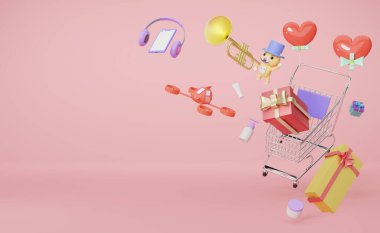 Hediye kutulu alışveriş arabası, teslimat aracı, kırmızı kalp balonu ve pembe pastel kompozisyon oyuncağı sevgililer günü konsepti, 3D illüstrasyon veya 3D çizim