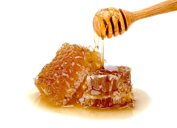 Fresh Honeycomb Slice Wooden Honey Dipper Isolated White Background — Stock Photo, Image