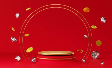 Altın sikkeler ve kırmızı kompozisyonda elmaslarla dolu bir podyum modern sahne ve minimalist modelleme için, soyut gösteri arka planı, 3d görünüm veya 3d canlandırma için