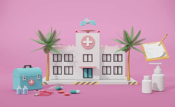 Hospital building with medical equipment in pink composition ,Concept 3d illustration or 3d render