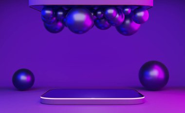 Modern sahne görüntüsü ve minimalist modelleme, soyut gösteri arkaplanı, 3d resimleme veya 3d canlandırma için mor pembe şekilli podyum boş ve top