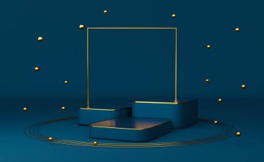 Podyum boş ve geometrik şekilli top modern sahne görüntüsü ve minimalist modelleme için mavi kompozisyon, soyut gösteri arka planı, 3d illüstrasyon veya 3d canlandırma