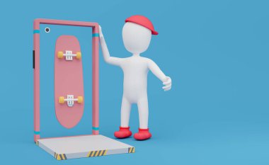 Kaykaylı ya da kaykaylı ya da cep telefonlu çubuk adam mavi kompozisyon arka planı, 3d illüstrasyon ya da 3d görüntüleme