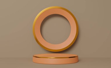 Turuncu podyum boş ve geometrik şekilli top modern sahne görüntüsü ve minimalist modelleme için kahverengi şekilli, soyut gösteri arka planı, 3d görünümü veya 3d görüntüleme
