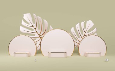 Modern sahne gösterimi için bej kompozisyonda boş yaprak ve geometrik şekilli gül rengi podyum, soyut sahne arkaplan, 3d görünüm veya 3d canlandırma