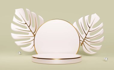 Modern sahne gösterimi için bej kompozisyonda boş yaprak ve geometrik şekilli gül rengi podyum, soyut sahne arkaplan, 3d görünüm veya 3d canlandırma