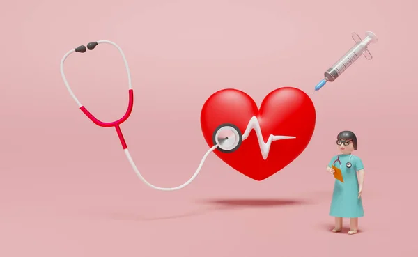 red heart with electrocardiogram and stethoscope and doctor in pink background ,health love concept ,3d illustration or 3d rendering