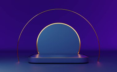 Modern sahne görüntüsü ve minimalist modelleme için mor kompozisyonda geometrik şekiller içeren podyum boş, soyut gösteri arka planı, 3d görüntüleme veya 3d canlandırma