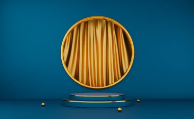 Podyum boş ve top, modern sahne gösterimi, soyut sahne arkaplanı, 3d görüntüleme veya 3d canlandırma için mavi içerikli altın perdeli.