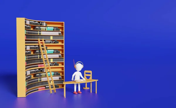 Stick man with book shelves in library ,education and learning concept ,3d illustration or 3d rendering