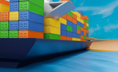 Süveyş Kanalı 'ndaki kargo gemisiyle su kazası, 3 boyutlu illüstrasyon veya 3 boyutlu görüntüleme.  