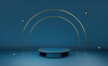 Modern sahne görüntüsü ve minimalist modelleme için geometrik şekiller içeren podyum boş, soyut gösteri arkaplanı, 3d görüntüleme veya 3d canlandırma