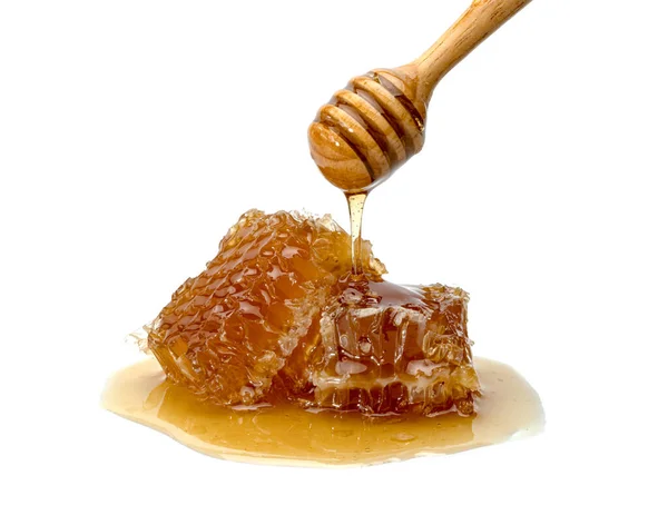 Fresh Honeycomb Slice Wooden Honey Dipper Isolated White Background — Stock Photo, Image