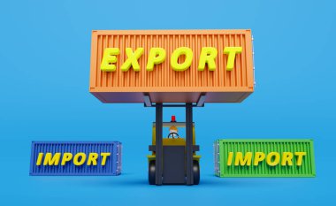 İthalat, forklift, mal ve palet, lojistik servis konsepti, 3D illüstrasyon ya da 3D sunum için nakliye konteynırına sahip çubuk adam 