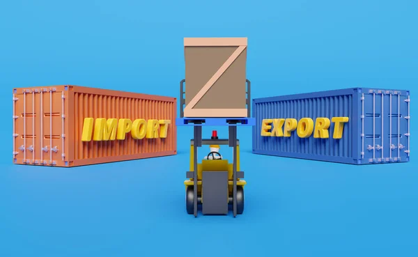 Stick man with shipping container for import export and forklift and goods and pallet ,logistic service concept ,3d illustration or 3d rendering