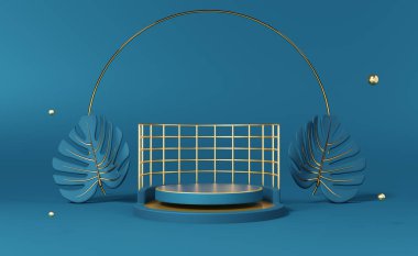 Modern sahne ve minimalist modelleme için mavi kompozisyonda altın rengi yaprak canavarı olan podyum boş, soyut gösteri arka planı, 3d görüntüleme veya 3d canlandırma