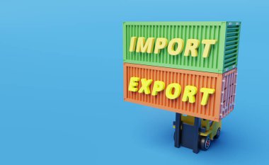 İthalat ve forklift, lojistik servis konsepti, 3D illüstrasyon veya 3D görüntüleme için nakliye konteynırı 