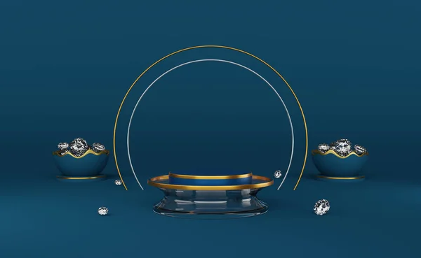 現代のステージディスプレイとミニマリストモックアップ 抽象的なショーケースの背景 コンセプト3Dイラストや3Dレンダリングのための青い組成の卵のシェルと空の表彰台とダイヤモンド — ストック写真
