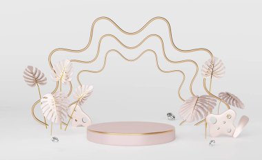 Modern sahne gösterimi ve minimalist modelleme için beyaz kompozisyonlu yaprak canavarı ile podyum boş, soyut gösteri arka planı, 3d görünüm veya 3d canlandırma