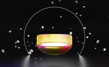 Altın podyum boş ve elmas, modern sahne görüntüsü ve minimalist modelleme için siyah kompozisyonda neon ışığı, soyut gösteri arka planı, 3d illüstrasyon veya 3d canlandırma