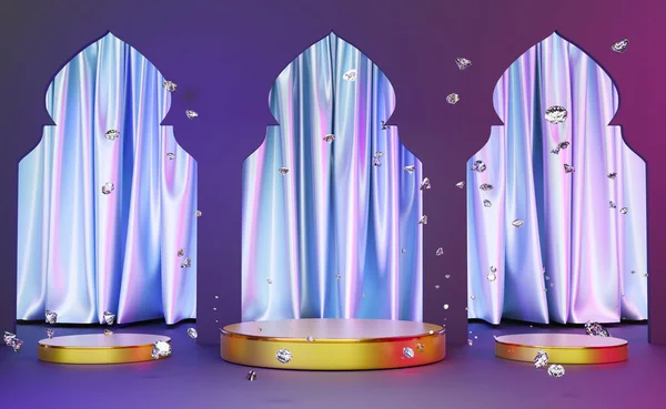 Золотий Подіум Порожній Діамант Завісою Фіолетовій Композиції Сучасного Сценічного Дисплея — стокове фото