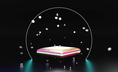 Altın podyum boş ve elmas, modern sahne görüntüsü ve minimalist modelleme için siyah kompozisyonda neon ışığı, soyut gösteri arka planı, 3d illüstrasyon veya 3d canlandırma
