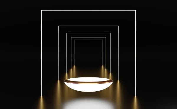 Arany Dobogó Üres Neon Fény Fekete Összetételű Modern Színpadi Kijelző — Stock Fotó