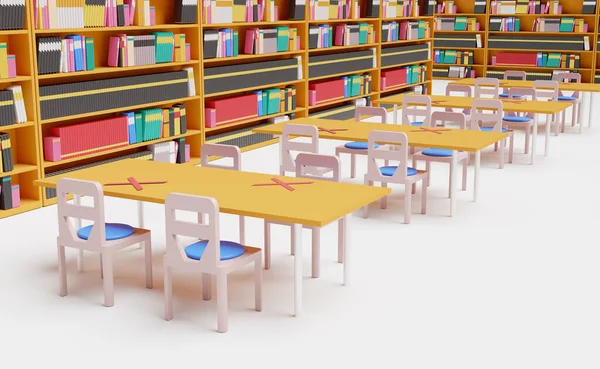 Social distancing concept in library for protection from corona or covid 19, 3d illustration or 3d render