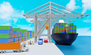 Kargo gemisi ve sanayi limanı traktör ve römork veya yarı kamyon, nakliye konteynırı, lojistik ihracat konsepti, 3D illüstrasyon veya 3D görüntüleme 