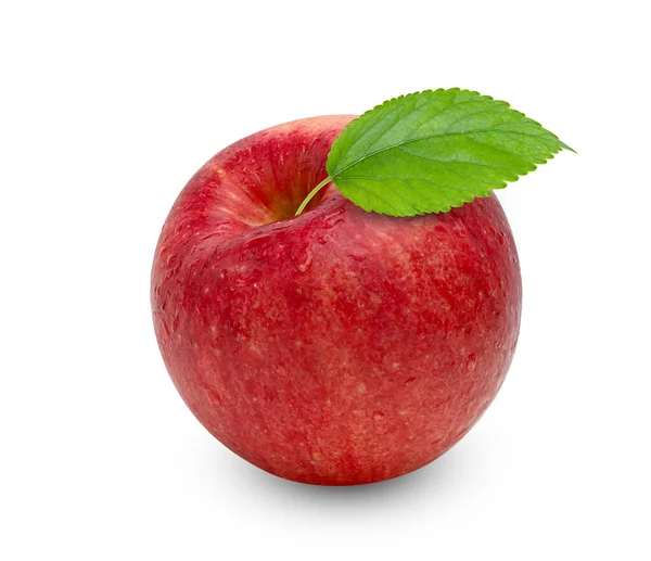 Pomme Rouge Avec Feuille Verte Goutte Eau Isolée Sur Fond — Photo