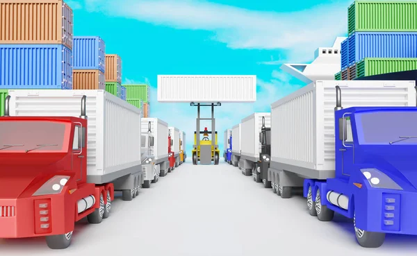 tractor and trailer or semi truck with shipping container for import export, stick man drive forklift with blue sky background ,logistic service concept ,3d illustration or 3d rendering