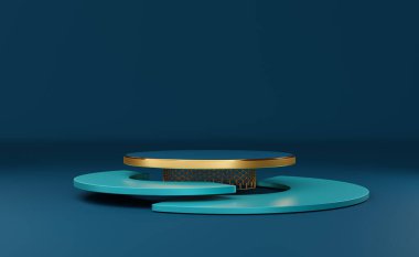 Modern sahne görüntüsü ve minimalist modelleme için geometrik şekiller içeren podyum boş, soyut gösteri arkaplanı, 3d görüntüleme veya 3d canlandırma