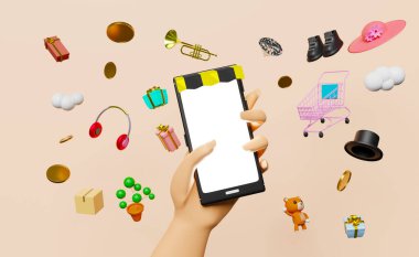 el ele tutuşan akıllı telefon, çevrimiçi dağıtım ya da sipariş izleme konsepti biege arka planında malzeme kutusu ve alışveriş arabası, cep telefonlu hızlı paket nakliyat, 3D çizim ya da 3D görüntüleme