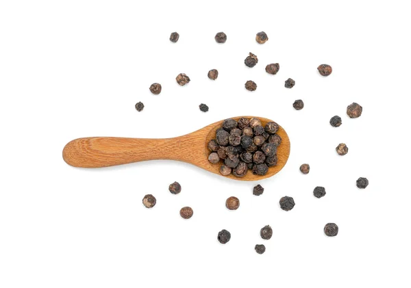 Black Pepper Black Peppercorns Seeds Wooden Spoon Isolated White Background — Stock Photo, Image