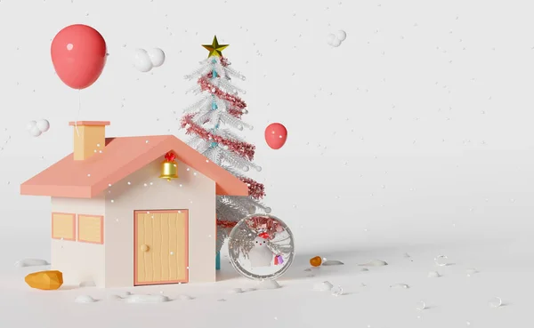 Albero Natale Sfera Neve Con Casa Sfondo Bianco Natale Nuovo — Foto Stock