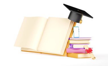 Diplomalı açık kitap ve mezuniyet şapkası beyaz arka planda soyutlanmış, hedeflere ve başarı konseptine ulaşan, beyaz ekranlı akıllı telefon, 3D görüntüleme