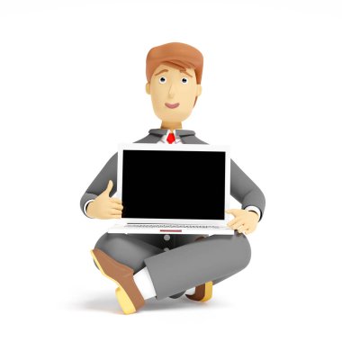 Çizgi film karakteri iş adamı dizüstü bilgisayarı beyaz arkaplanda, 3 boyutlu görüntüleme
